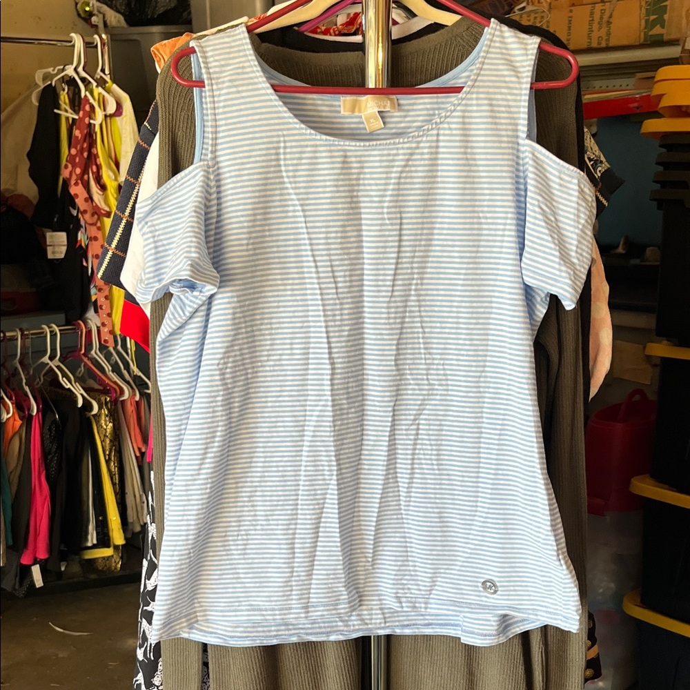 Michael Kors Light Blue Striped Short Sleeve Top